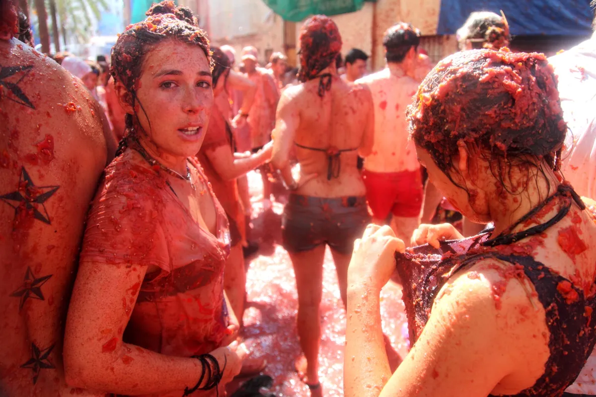 People celebrating La Tomatina in Spain