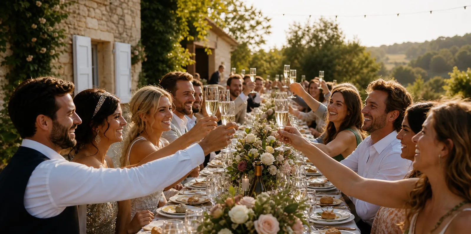 Wedding guests raising champagne glasses at a golden-hour celebration